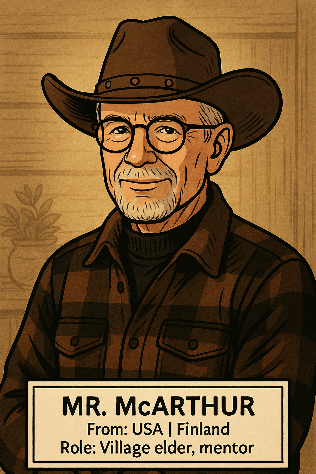 Mr. McArthur, the village elder of Waterwheel Village, in his cowboy hat and flannel shirt
