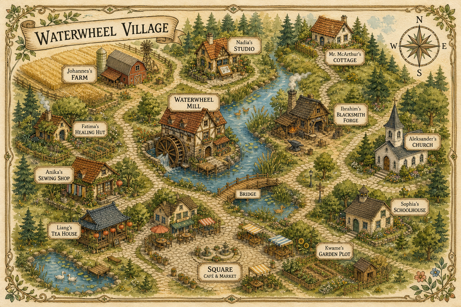 Hand-drawn watercolor map of Waterwheel Village showing the river, waterwheel mill, village square, and the cottages and shops of all ten villagers