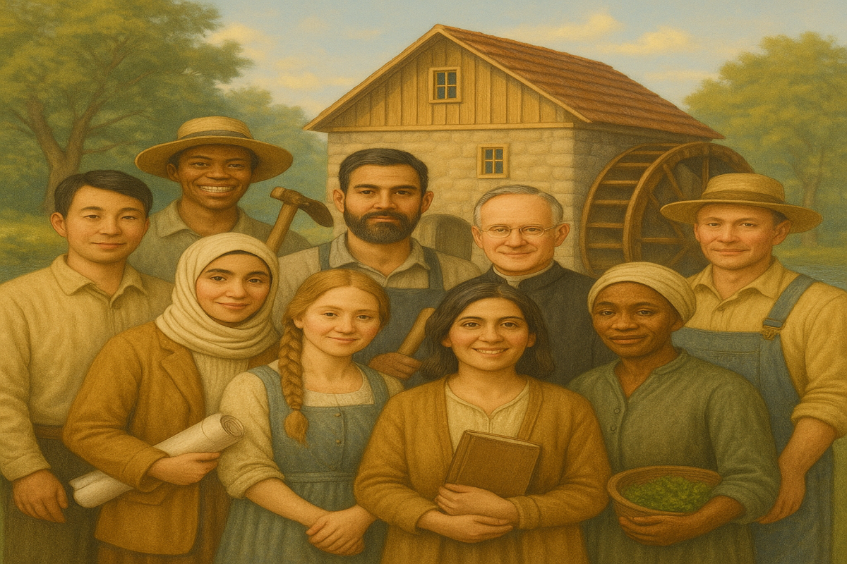 The villagers of Waterwheel Village gathered together in front of the mill